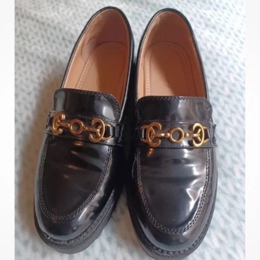 Sam Edelman Black and Gold Horsebit Loafers